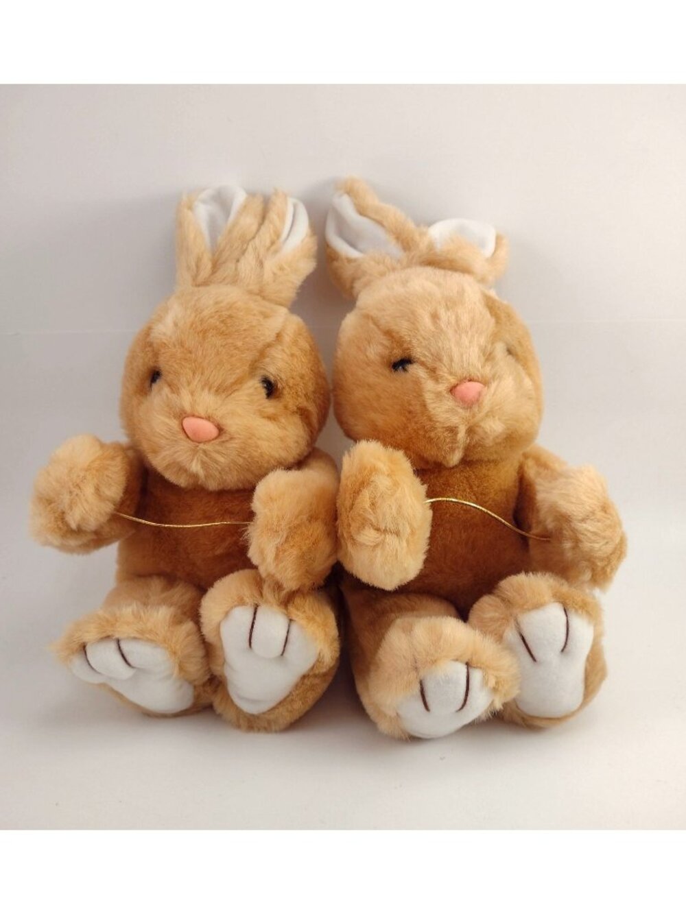 Pair Of Tan Plush Bunny Rabbit Stuffed Animals White Tails & Ears 11" Soft Cuddl